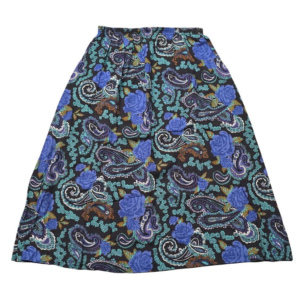 Vintage Laurissa Multi Color Paisley Midi Skirt w. Elastic Waist & Pockets 90's